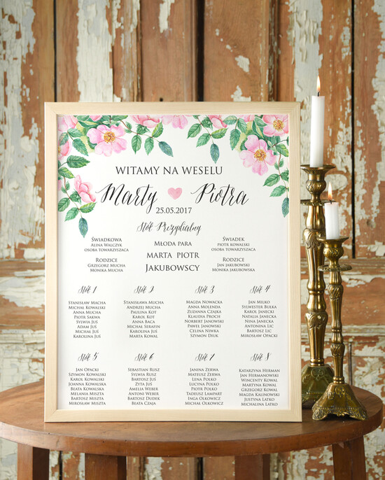 Plany stołów Plakaty Boho tablica informacyjna dla gości weselnych, boho styl romantyczne kwiaty 04/glBH/PL