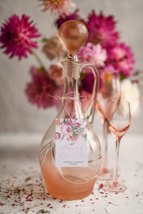 Zawieszki na butelki botaniczne podróżnicze  zawieszka na alkohol weselny, botaniczne dowolne teksty 1/blushws/zw