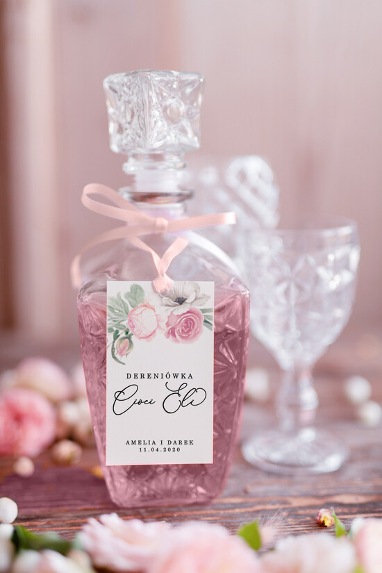 Zawieszki na butelki botaniczne podróżnicze  ślubne zawieszki na alkohole, boho z waszą treścią 103/rose/zw