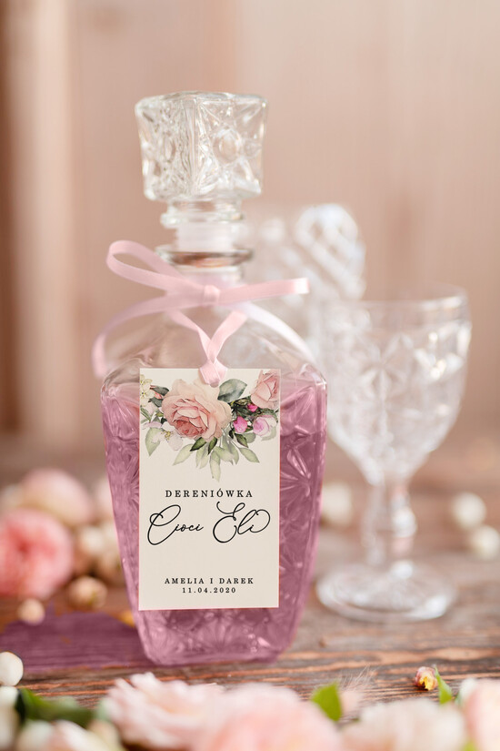 Zawieszki na butelki botaniczne podróżnicze  etykiety na wódkę weselną, eleganckie z dowolną treścią 100/roselak/zw