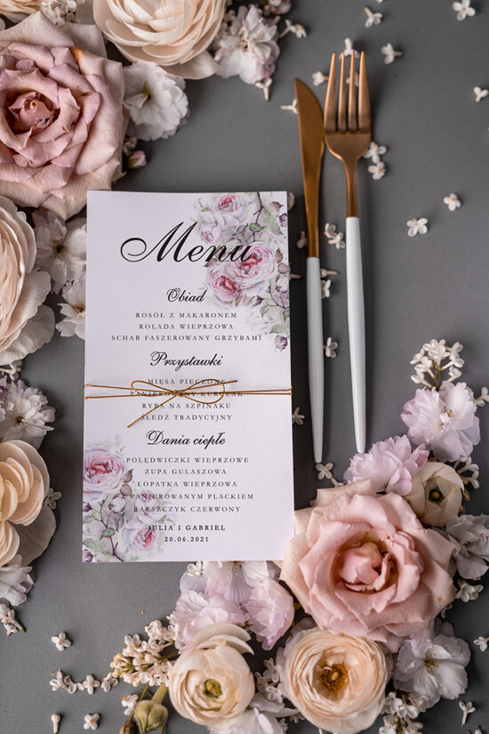 Menu botaniczne podróżnicze Menu weselne, delikatne i proste menu ślubne, plan podawania posiłków na weselu, karta dań weselnych 01/harm/m