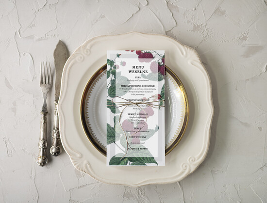 Menu botaniczne podróżnicze ślubne menu z planem podawania dań wesenych, eleganckie na klasyczne wesele 02/Vbot/m