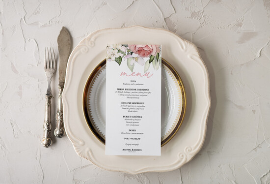 Menu botaniczne podróżnicze menu weselne na stoły karta dań weselnych, eleganckie na klasyczne wesele 1/roses/m