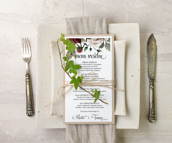 Menu botaniczne podróżnicze menu weselne na stoły plan podawania posiłków, botaniczne z waszą treścią 05/bot/m