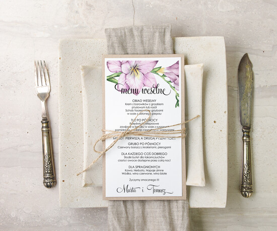 Menu botaniczne podróżnicze menu weselne plan podawania posiłków na weselu, eleganckie na klasyczne wesele 08/bot/m
