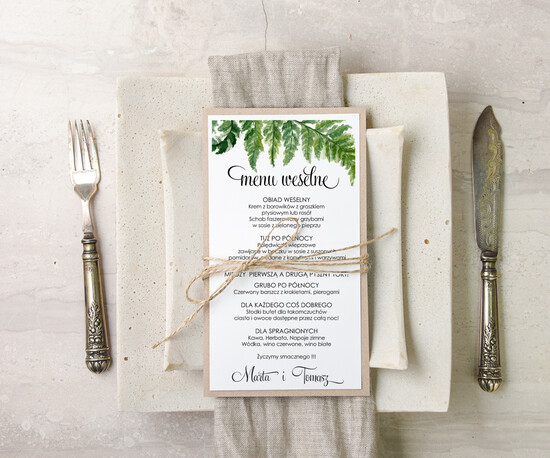 Menu botaniczne podróżnicze  menu weselne na stoły karta dań weselnych, botaniczne z dowolną treścia 09/bot/m