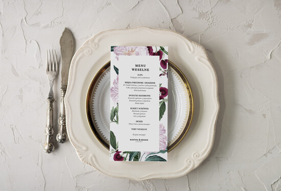 Menu botaniczne podróżnicze  ślubne menu karta potraw weselnych, botaniczne z waszą treścią 10/Vbot/m