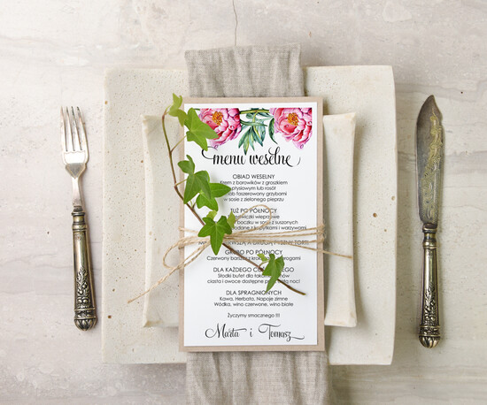 Menu botaniczne podróżnicze menu weselne plan podawania posiłków na weselu, eleganckie na klasyczne wesele 11/bot/m