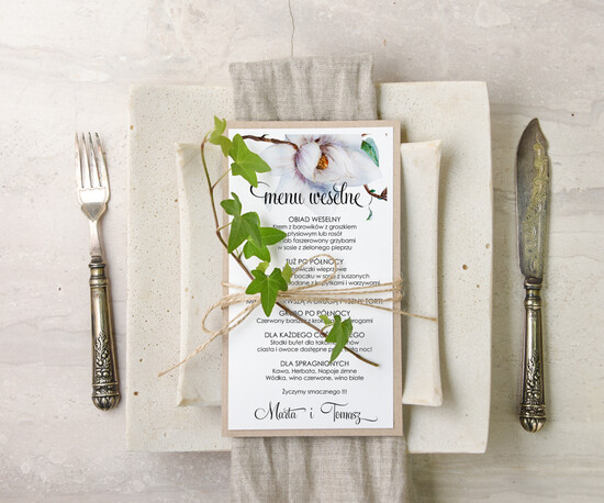 Menu botaniczne podróżnicze  weselne menu karta dań weselnych, vintage wasz tekst 12/bot/m