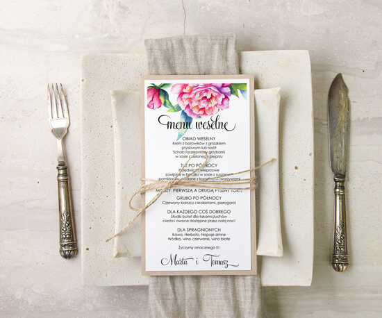 Menu botaniczne podróżnicze menu weselne plan podawania posiłków na weselu, eleganckie na klasyczne wesele 16/bot/m
