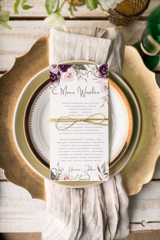 Menu botaniczne podróżnicze  menu weselne na stół karta dań weselnych, botaniczne z waszą treścią 11/VbotF/m