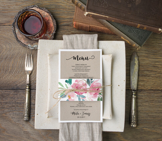 Menu botaniczne podróżnicze  weselne menu karta potraw weselnych, vintage wasz tekst 20/bot/m