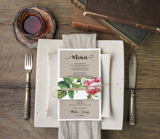 Menu botaniczne podróżnicze menu weselne na stoły plan podawania posiłków, botaniczne z waszą treścią 22/bot/m