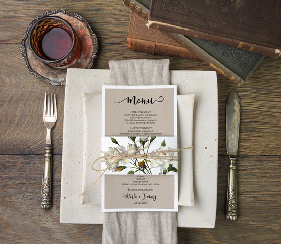 Menu botaniczne podróżnicze  ślubne menu karta potraw weselnych, botaniczne z waszą treścią 24/bot/m