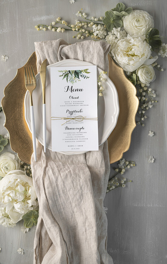 Menu botaniczne podróżnicze Menu weselne, delikatne i proste menu ślubne, plan podawania posiłków na weselu, karta dań weselnych 02/harm/m