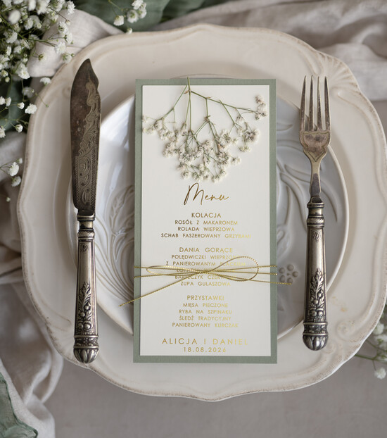 Menu botaniczne podróżnicze menu weselne z suszoną gipsówką, menu na stoły weselne karta potraw weselnych, karta dań na weselu z 01/szk3/m25