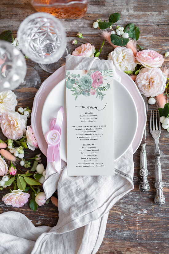 Menu botaniczne podróżnicze  menu weselne na stoły karta dań weselnych, vintage wasz tekst 102/rose/m