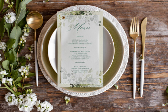 Menu botaniczne podróżnicze  ślubne menu karta potraw weselnych, botaniczne z dowolną treścia 05/kalka/m
