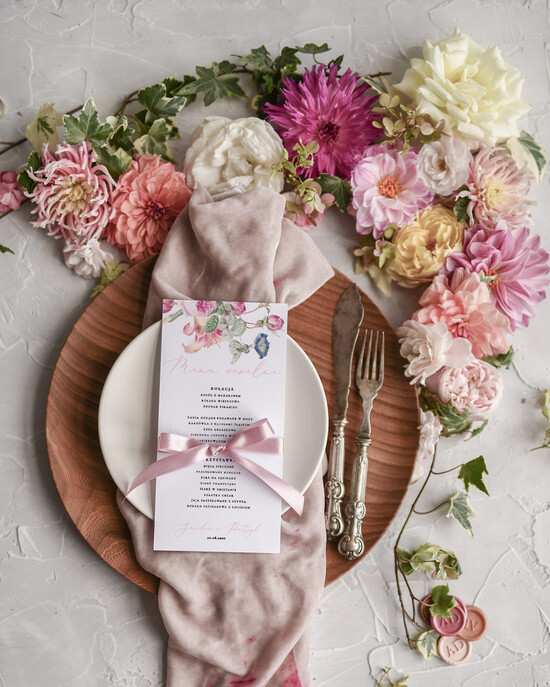 Menu botaniczne podróżnicze  menu weselne na stoły plan podawania posiłków, vintage wasz tekst 1/blushws/m