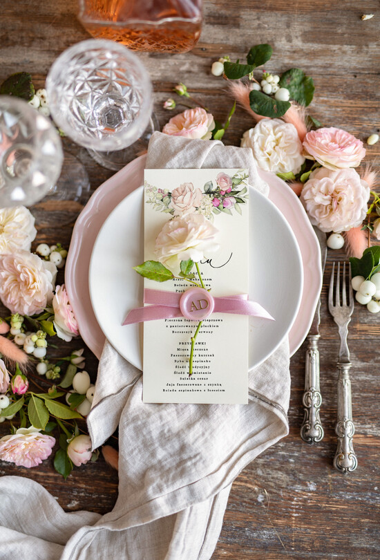 Menu botaniczne podróżnicze ślubne menu z planem podawania dań wesenych, botaniczne z dowolną treścia 100/roselak/m