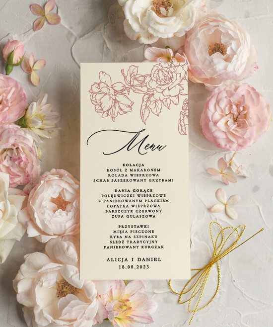 Menu botaniczne podróżnicze Menu weselne, delikatne i proste menu ślubne, plan podawania posiłków na weselu, karta dań weselnych 03/botecru/m