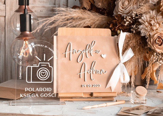 Księgi wpisów gości welurowe, na zdjęcia Instax beżowa elegancka księga gości i album na zdjęcia w jednym, album na życzenia i zdjęcia z fotobudki, pamiątkowa welurowa księga wpisów gości 02/velbez/kwg