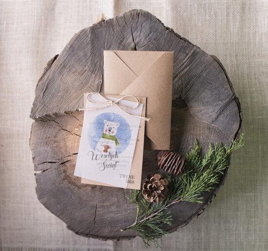 Kartki świąteczne z logo firmy retro kartki świąteczne z logo twojej firmy, eco brąz ze sznurkiem 09/bkal/ksw