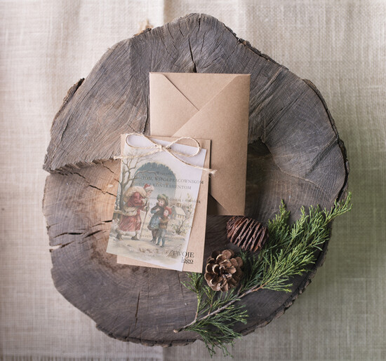 Kartki świąteczne z logo firmy retro kartka swiateczna z twoim logo, kalkowe ze wstążką 06/bkal/ksw