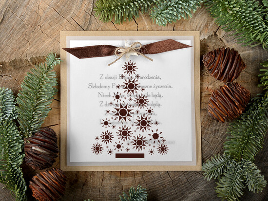 Kartki świąteczne z logo firmy retro kartka świąteczna z logo waszej firmy, kalkowe ze wstążką 14/retro/ksw