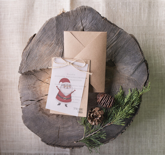 Kartki świąteczne z logo firmy retro kartka swiateczna z twoim logo, eco brąz z kalką 10/bkal/ksw