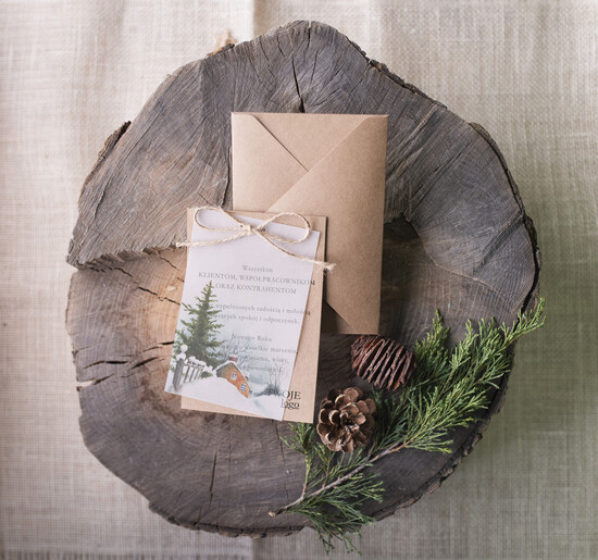 Kartki świąteczne z logo firmy retro Kartki Bożonarodzeniowe z Logo Twojej Firmy, kalkowe ze wstążką 03/bkal/ksw