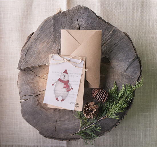 Kartki świąteczne z logo firmy retro firmowe kartki świąteczne z logo twojej firmy, kalkowe ze wstążką 11/bkal/ksw