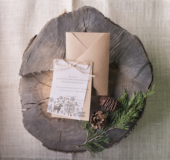 Kartki świąteczne z logo firmy retro kartki swiateczne z logo firmy, eco brąz ze sznurkiem 04/bkal/ksw