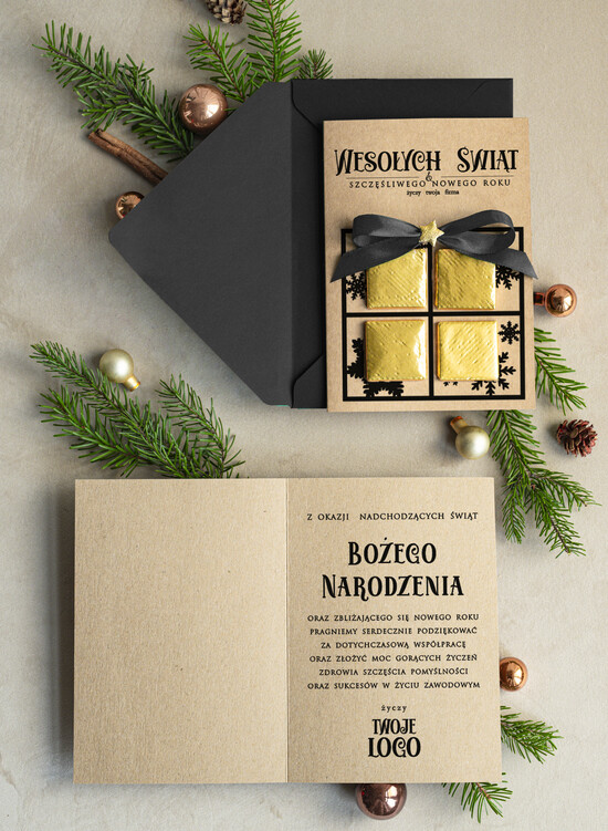 Kartki świąteczne z logo firmy natural kartka świąteczna z logo waszej firmy, ręcznie robione kartki świąteczne z czekoladką, kartki na świ 04/rCzeko2/ksw