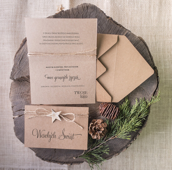 Kartki świąteczne z logo firmy natural kartki świąteczne dla firmy z logo, naturalne ze wstążką 01/ecobraz/ksw