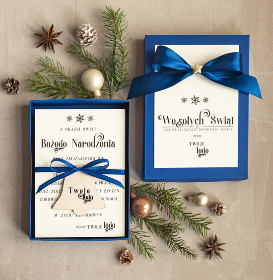 Kartki świąteczne z logo firmy kartka pudełko Biznesowe kartki świąteczne z logo w pudełku dzwonek bombką na choinkę- drewniane zawieszki na choin 14/pudZW/ksw