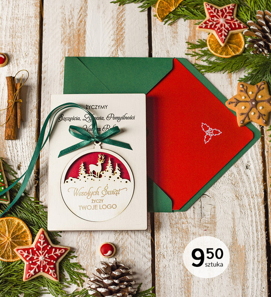 Kartki świąteczne z magnesem lub zawieszką na choinkę kartki swiateczne z logo twojej firmy kartki z drewnianą bombką 10/zawieszka/ksw