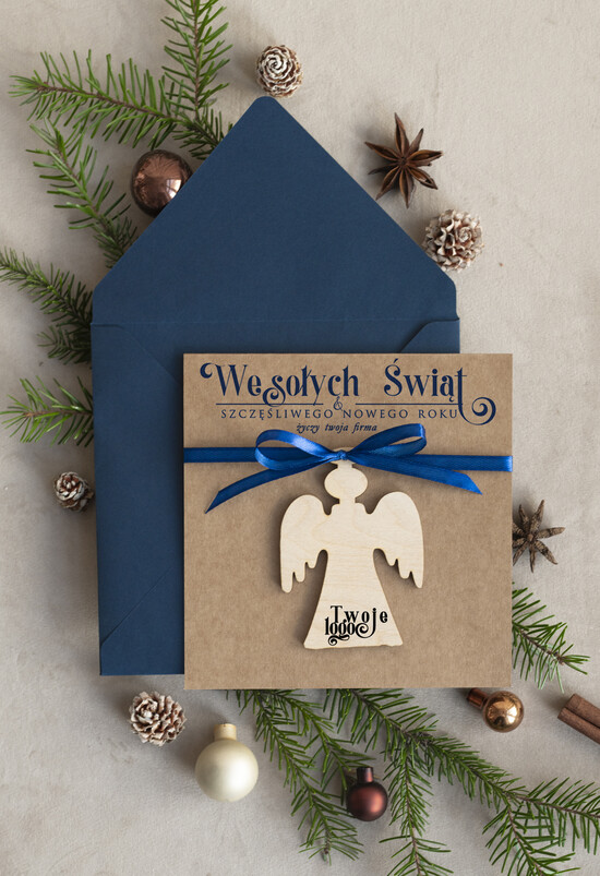 Kartki świąteczne z logo firmy z magnesem lub zawieszką na choinkę Bombka Aniołek zawieszka na choinkę i  kartka świateczna dla Firm, kartki swiateczne z logo, bizneso 08/mgokZW/ksw