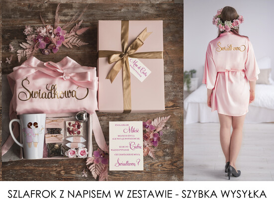 Prezenty dla świadków boxy prezentowe dla Świadkowej Szlafrok dla Świadkowej ze złotym Napisem - Prośba o Świadkowanie Kubek do Latte i zaparzacz 18/uniSZl/swiadkowa