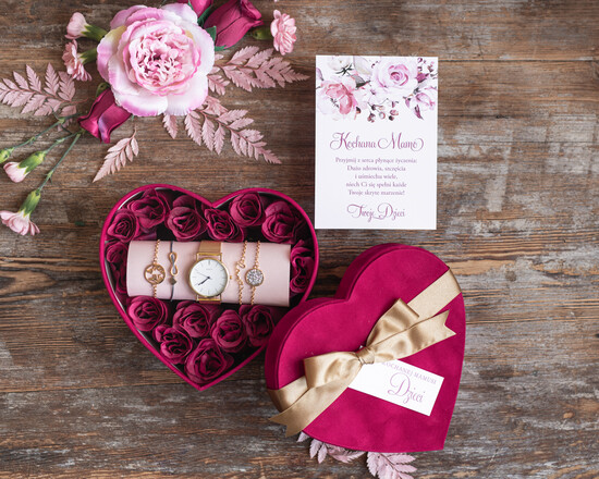 Prezenty dla Mamy biżuteria szkatułki na biżuterie Prezent na Dzień Mamy Serce Zegarek i bransoletki love i nieskończoność Upominek Dla Mamy Flowerbox z biżuterią 01/zegB/flowerBOXSRC