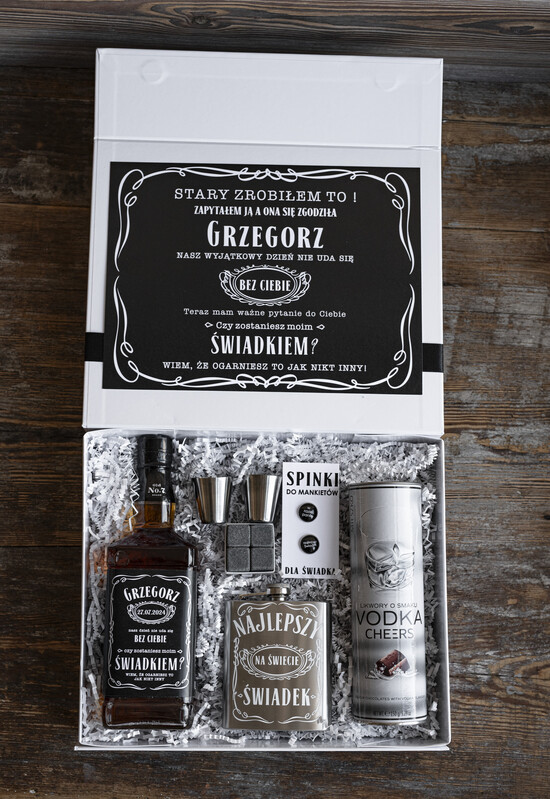 Prezenty dla świadków boxy prezentowe dla Świadka pudełko prezentowe dla świadka czy zostaniesz moim świadkiem, etykieta na butelkę, GIFTBOXB DLA ŚWIA 03/boxNowS/swiadek