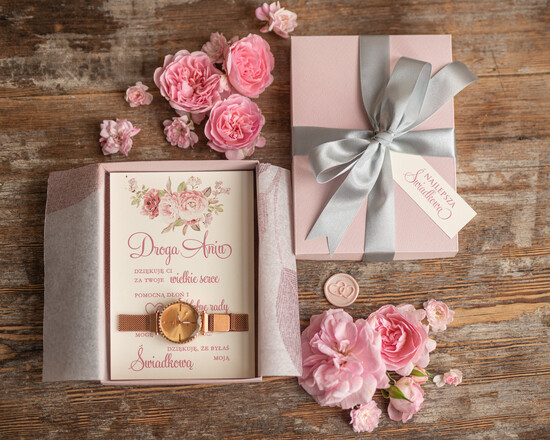 Prezenty dla świadków podziękowania dla świadkowej Podziękowanie dla Świadkowej Kartka w pudełeczku Prezent dla świadkowej Zegarek Rose gold dla Świadkowej 01/PudZegM/PodzSW