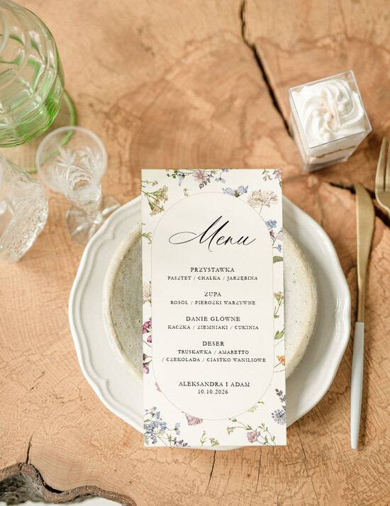 Menu Nowoczesne prosta forma kwiatowe menu na stoły weselne, karta dań na wesele, proste menu weselne w kolorze ecru, karta dań w 01/nKal/m25