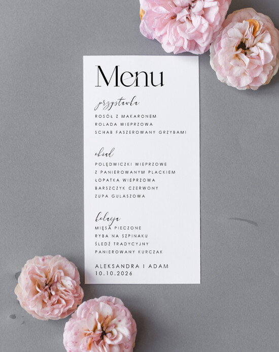 Menu Nowoczesne prosta forma eleganckie menu na stoły weselne, karta dań na wesele, proste menu weselne w kolorze ecru, karta dań 10/skl3s/m25