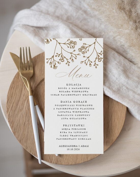 Menu Nowoczesne prosta forma kwiatowe menu na stoły weselne, karta dań na wesele, proste menu weselne w kolorze ecru, karta dań w 03/kieszWs/m25