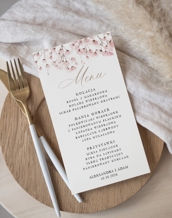 Menu Nowoczesne prosta forma menu na stoły weselne, karta dań na wesele, proste menu weselne w kolorze ecru, karta dań weselnych, 09/skl3s/m25
