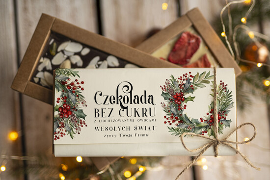 drobne prezenty dla firm CZEKOLADA/ pralinki/ bomboniery Drobne prezenty dla firm ręcznie robiona czekolada, Czekolada świąteczna bez cukru z logo, drobne up 08/MKJ/UCZEKOow