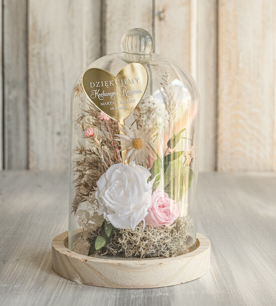 Prezenty, Podziękowania dla Rodziców Kompozycje Kwiatowe / Flowerboxy Podziękowania dla Rodziców flowerbox z suszonych kwiatów, Wieczna róża Podziękowanie od Młodej Pary 03/FBmini/podRd
