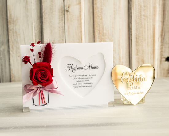 Prezenty dla Mamy kwiaty flowerboxy personalizowany prezent dla Mamy i imieniem, kartka z życzeniami na dzień Mamy statuetka róże z oka 04/FBkar/Mama