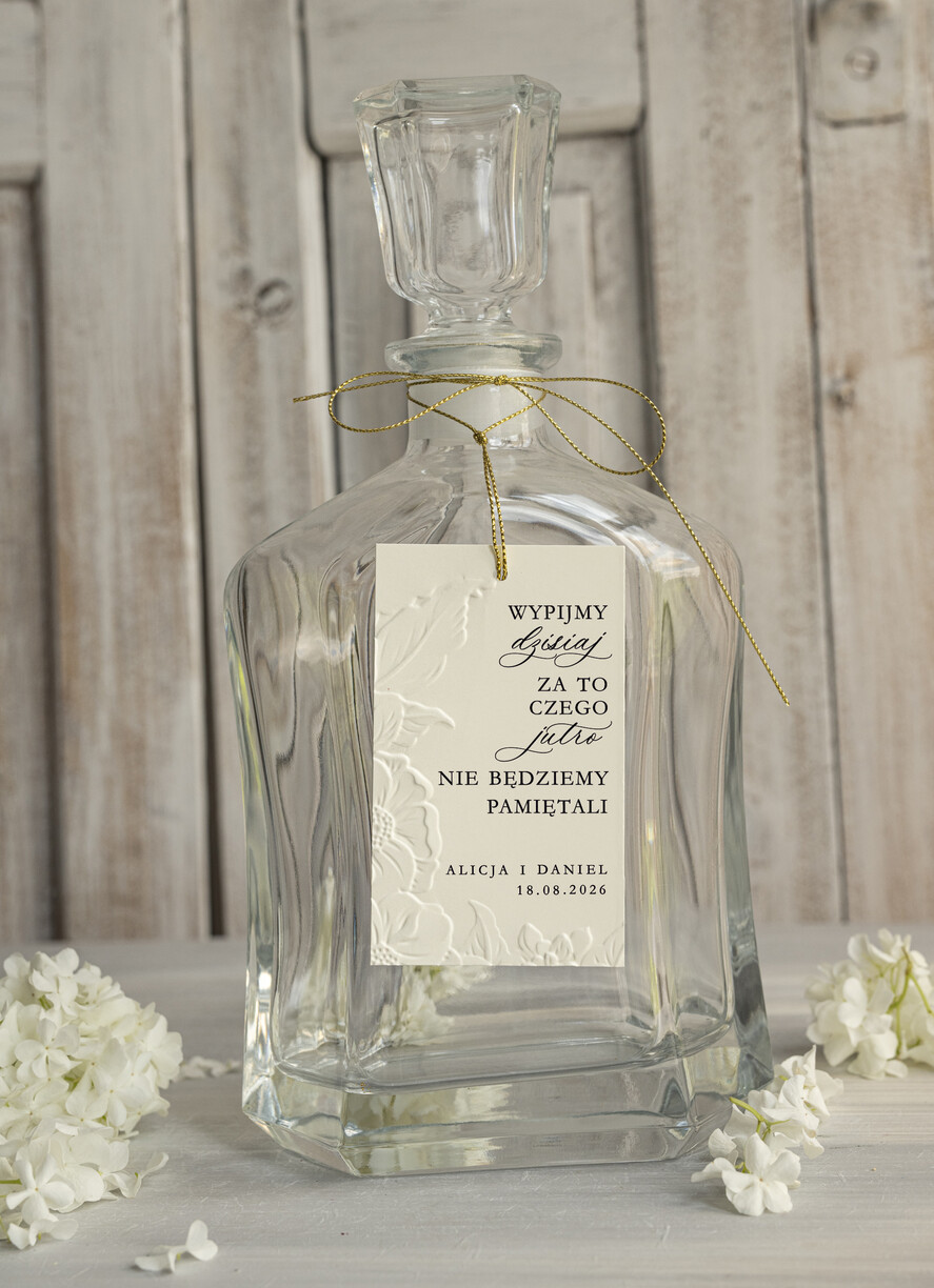 Zawieszki na butelki glamour etykieta na alkohol weselny, piękne eleganckie tłoczone zawieszki ślubne, zawieczki na wesele z tłoczonymi kwiatami 0